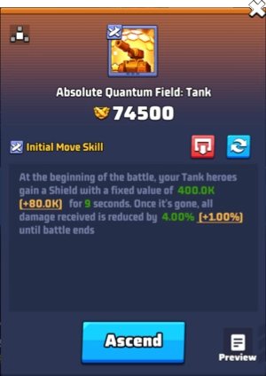 Absolute Quantum Field Tank chip detail screen showing 400K shield value, 4 percent damage reduction, 9 second duration, and Ascend button
