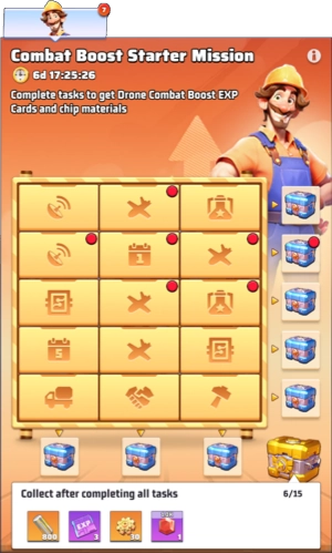 Combat Boost Starter Mission 7-day grid with countdown timer and reward chests
