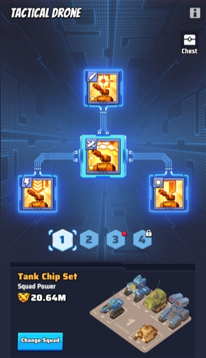 Tactical Drone screen showing four chip slots in a tree layout with preset toggles 1 through 4 and Tank Chip Set squad power footer